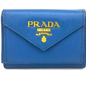 Prada Blue Saffiano Leather Envelope Wallet with Gold Logo